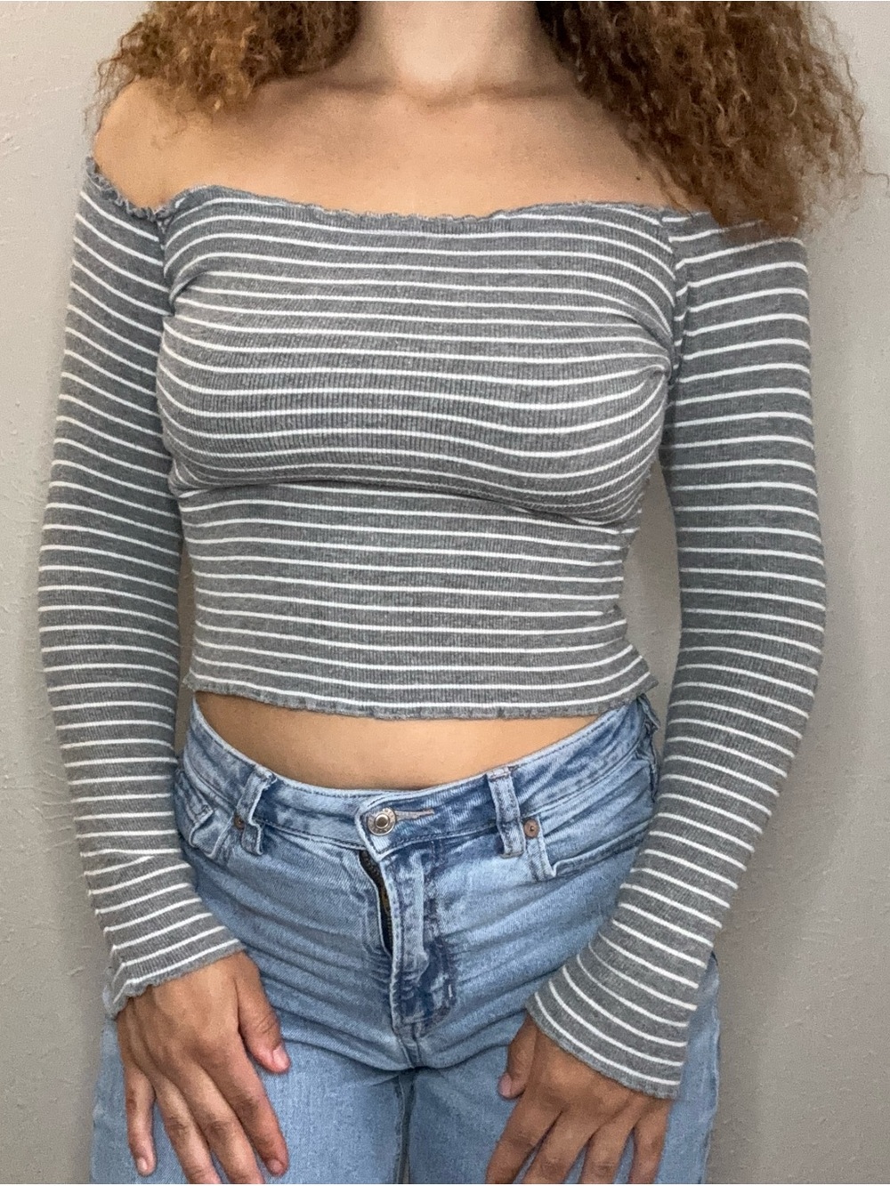 Garage Gray & White Striped Off-Shoulder Crop Top
